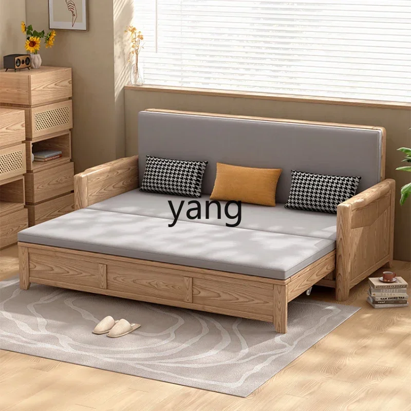 LH Solid Wood Sofa Bed Folding Retractable Ash Multifunctional Push-pull Storage Double Bed Living Room