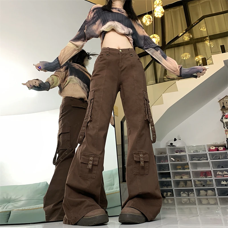 Trashy Y2K 2000S Streetwear Wine Red Baggy Flare Cargo Jeans Pants For Women Clothing Multi Pockets Straight Lady Trousers Ropa