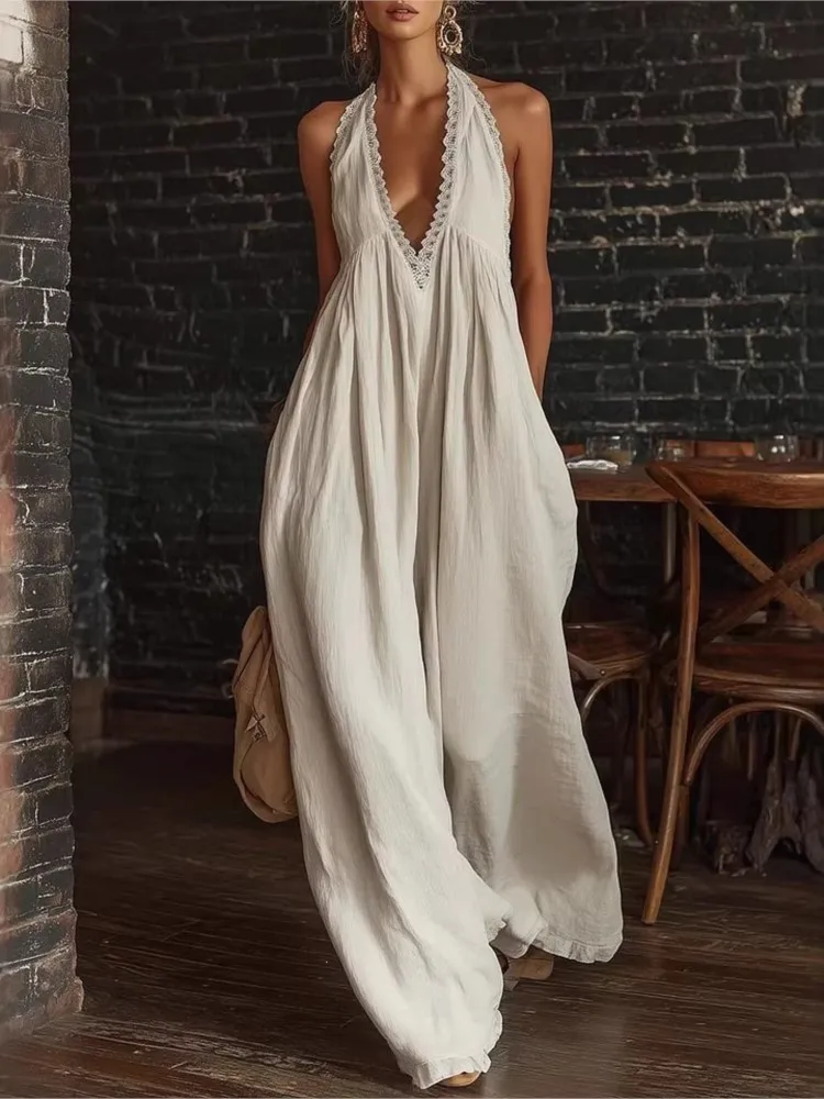 Casual And Elegant Lace Trim Loose Jumpsuit Women's New Summer Fashion Office Solid Holiday Party Jumpsuits Womens Clothing
