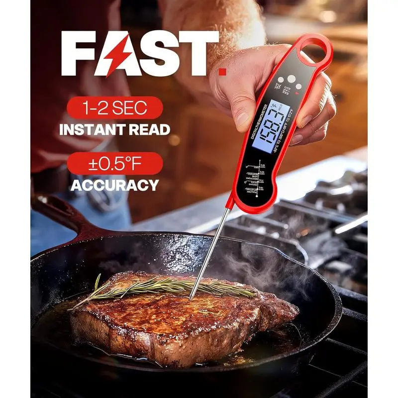 Red Digital Meat Thermometer, Folding Probe, Suitable for Barbecue and Air Fryer, Men's Gift
