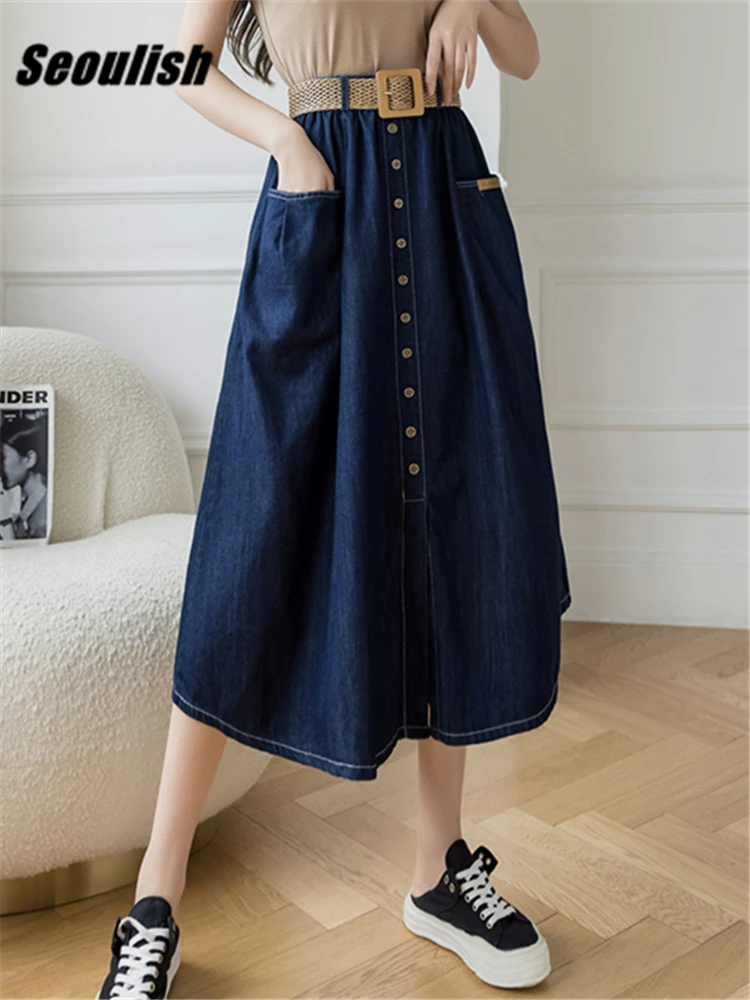 

Seoulish High Waist Single Breasted Women's Umbrella Denim Skirts with Belted Spring Summer Vintage A-line Skirt Female 2023 New