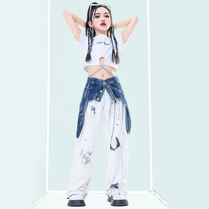 أزياء رقص الجاز للأطفال ، بدلة الهيب هوب للبنات ، على الطراز الكوري ، السرة المكشوفة ، الصيف