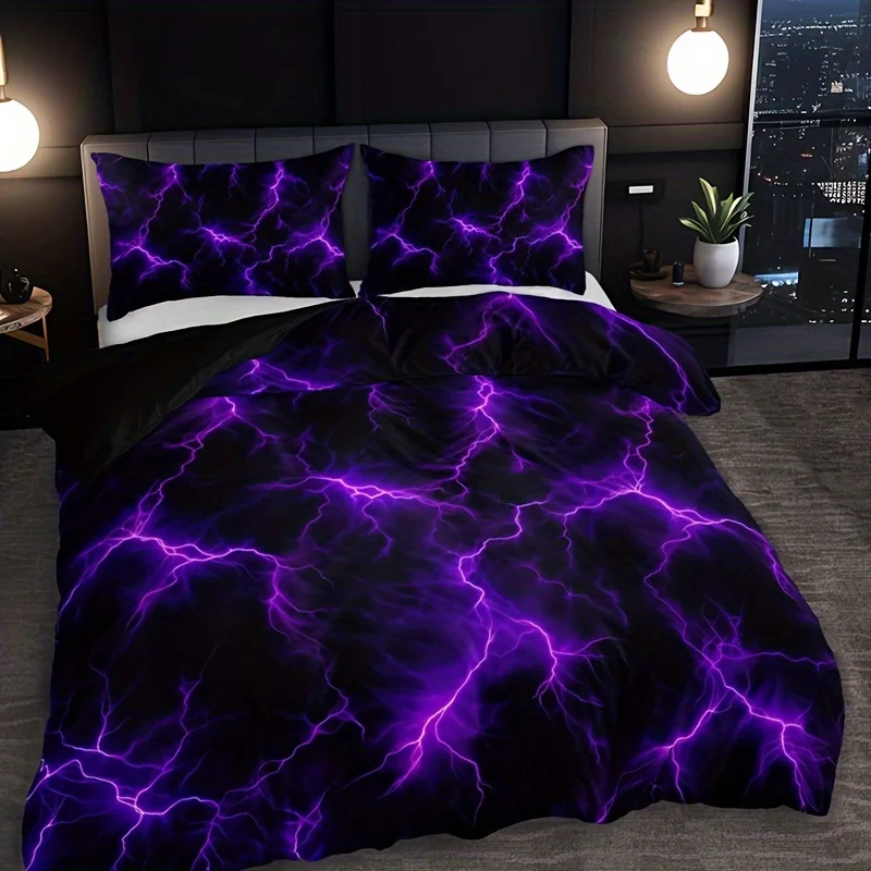 3 purple lightning line duvet cover set (1 duvet cover 2 pillowcases without pillow core), high-definition printing for home D