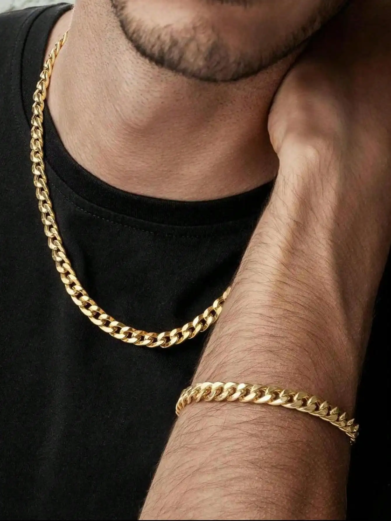 

Набор из 2 предметов: колье и браслет из нержавеющей стали золотистого цвета в кубинском стиле для мужчин