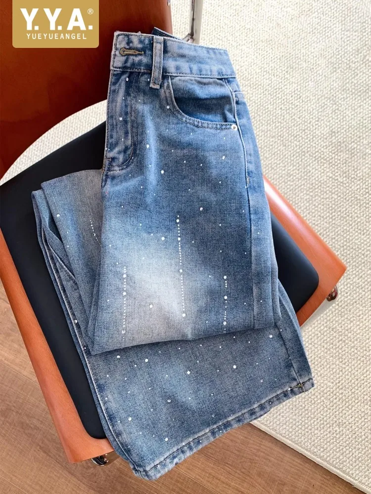 Women Office Casual Denim Pants Light Blue Loose Fit Diamond Spring Fashion Straight Trousers High Street Female Wide Leg Jeans