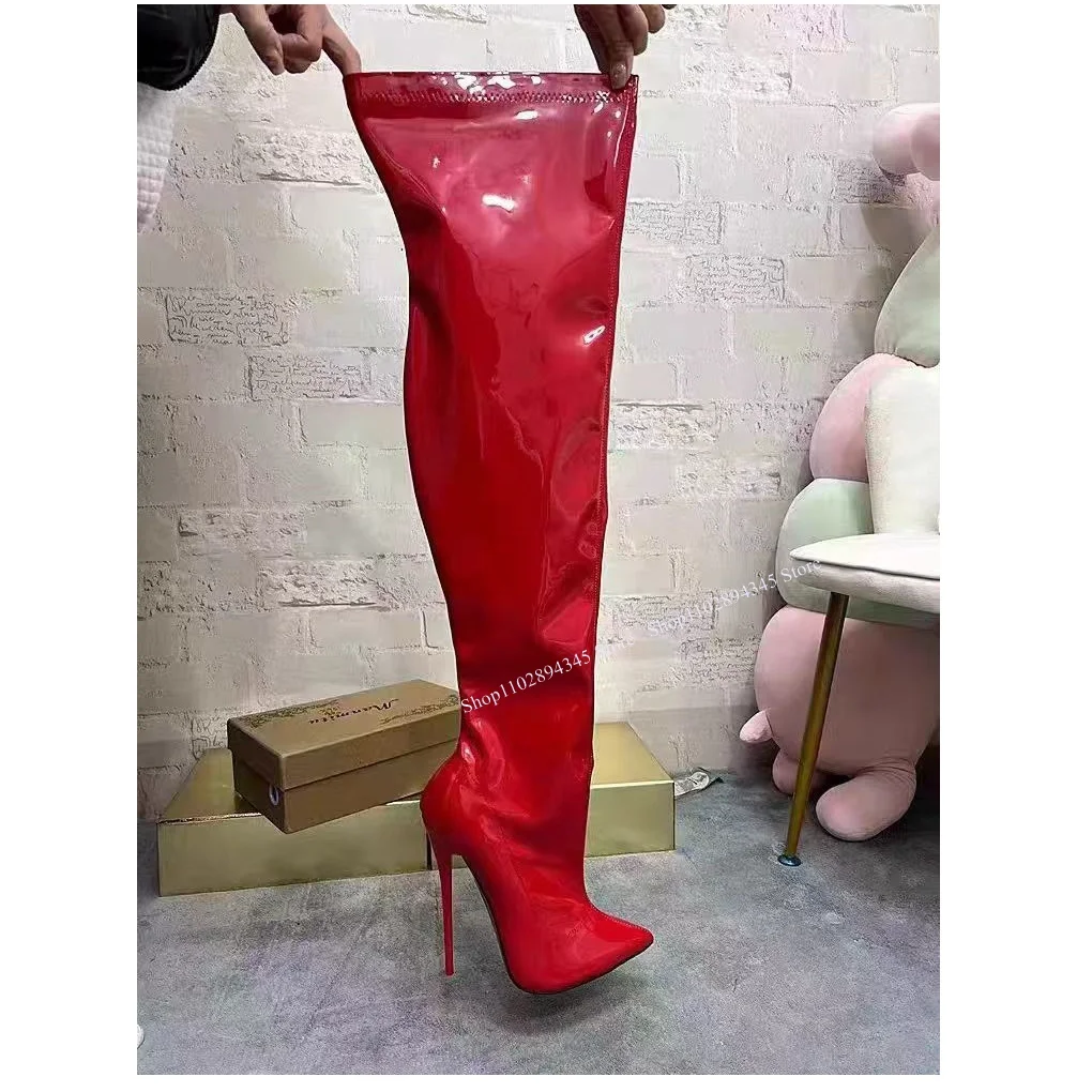 Black Glitter Laether Knee High Boots Thin High Heel Pointed Toe Fashion Sexy 2024 Winter Big Size Woman Shoes Zapatillas Mujer