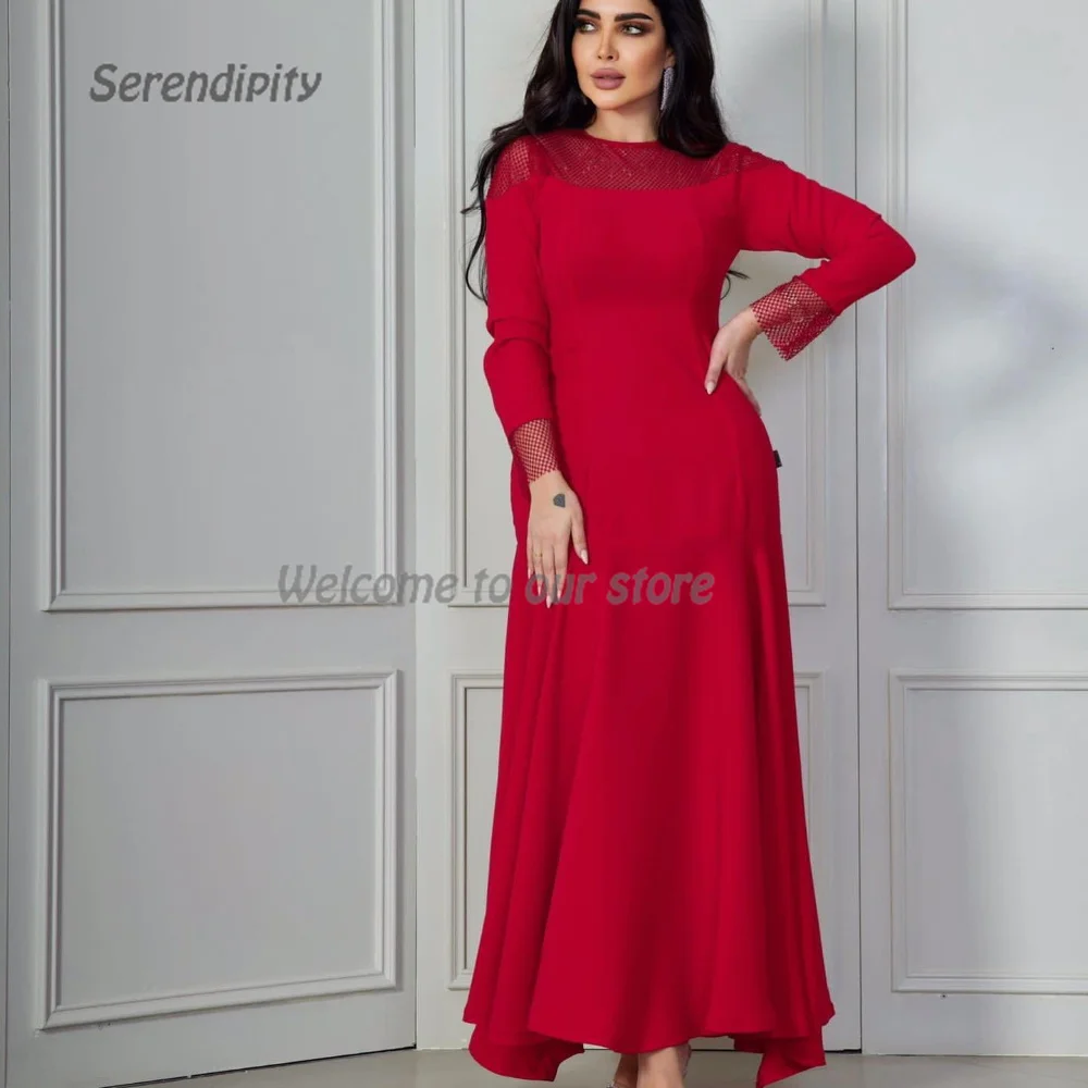 

Serendipity Satin A-Line Elegant Saudi Arabia Evening Dress O-Neck Ankle-Length Net Lace Red Autumn Prom Gown For Sexy Women