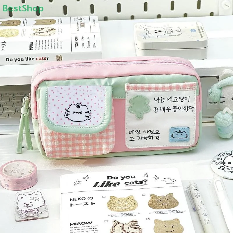 Japanese Style Large Capacity Cute Cartoon Cat Plaid Pencil Case Multi-layer Multi Functional Storage Bag Stationery Bag
