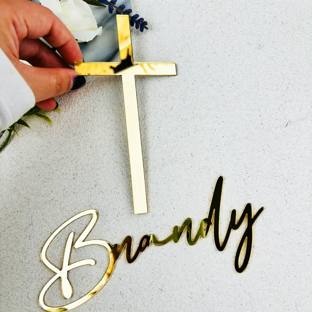 Adorno para tarta con nombre personalizado y cruz, dijes para tarta de bautizo con nombre personalizado y decoración para bautismo, adorno para tarta de primera comunión