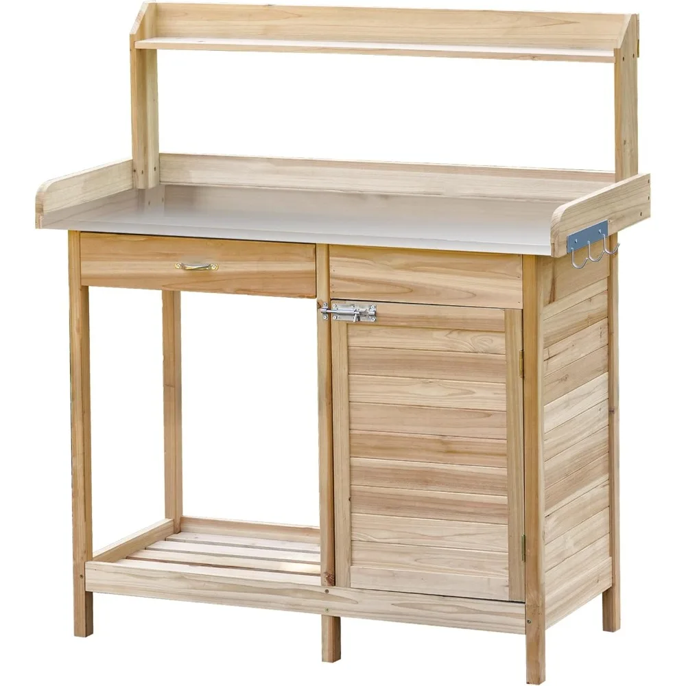 

Outdoor Potting Bench Table, Garden Work Station with Storage Cabinet, Open Shelf and Steel Tabletop, Natural
