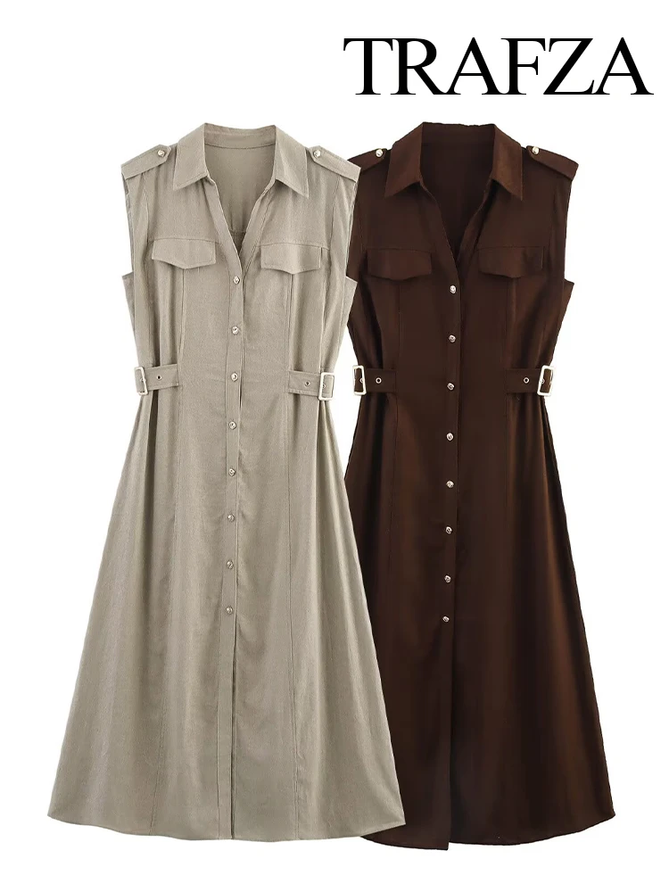 

TRAFZA Women's Linen Comfortable Lapel Sleeveless Dress Female Fashion Simple Single Breasted Belt Decorative Casual Long Dress