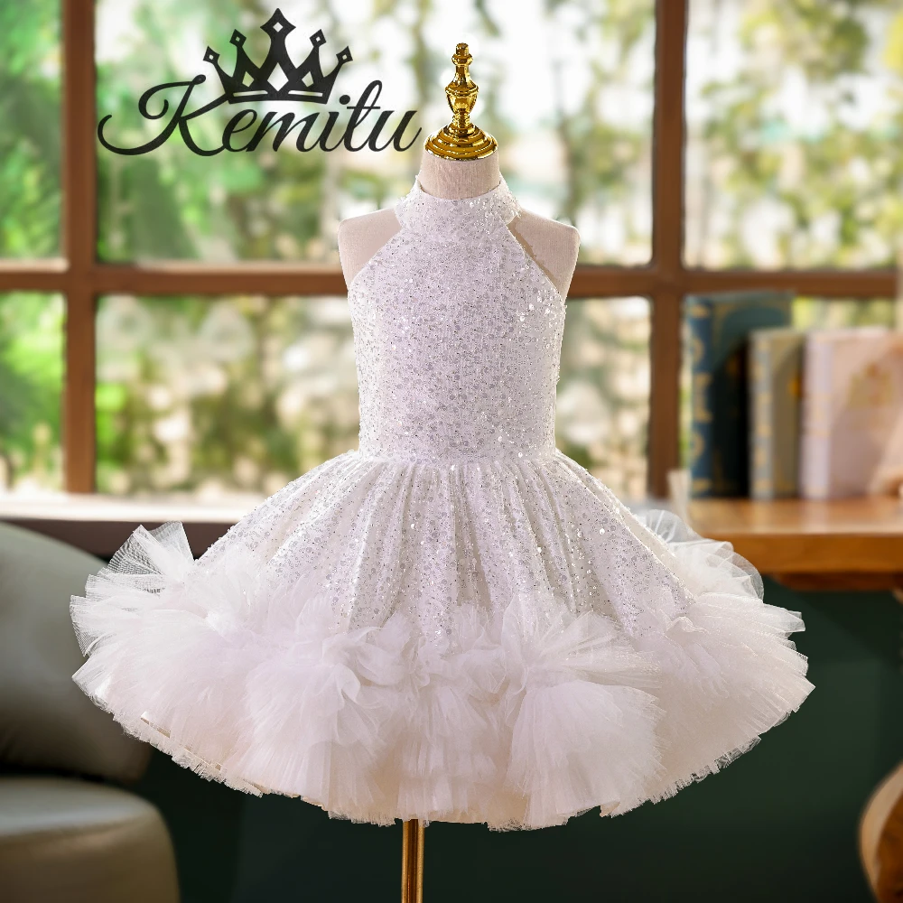 

Customized Luxury Bling Bling Flower Girl Dress Beaded Dubai Kids Princess Birthday Wedding Party First Communion Gown
