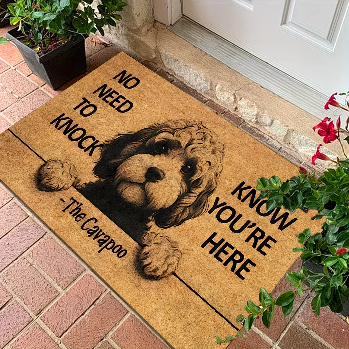 Divertida alfombrilla de entrada con la frase NO NEED to KNOCK WE KNOW YOU'RE HERE y un lindo cachorro Cavapoo, alfombrilla antideslizante para interiores y exteriores.