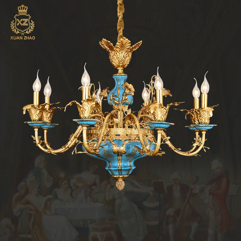 Luxury Antique Blue Porcelain Chandelier Home Italy Elegant Rococo Pendant Light Lighting Quality Indoor Bronze Hanging Lamp