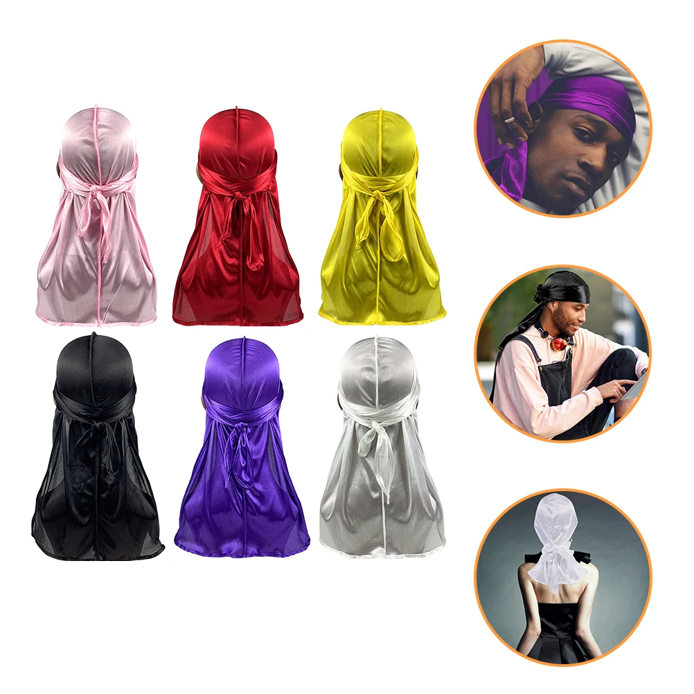 

6pcs Silk Pirate Hat Long Tail Durag Turban for Men Satin Headscarf Wide Strap Comfortable Durable Adjustable Unisex for Costume