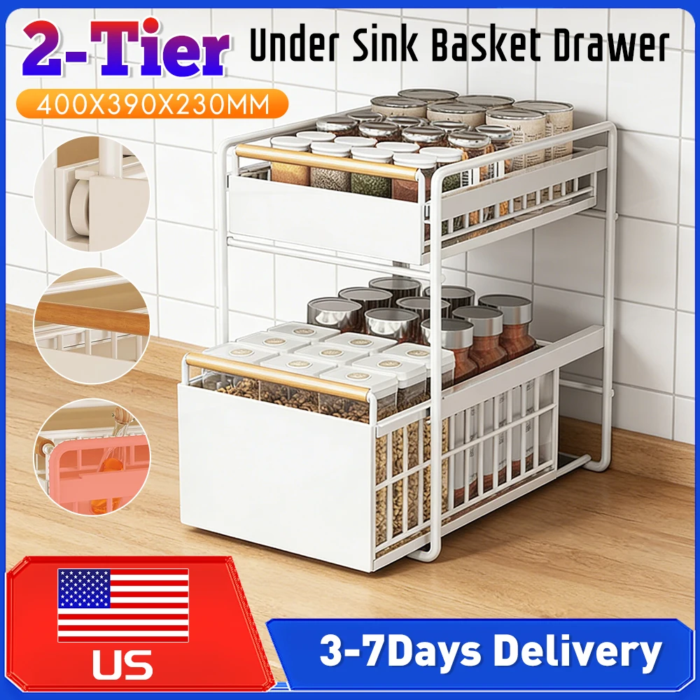 

Under Sink Pull-Out Storage Rack Multifunction Cabinet Organizer Slide-Out Basket with Hook for Kitchen Spice Bathroom Skin Care