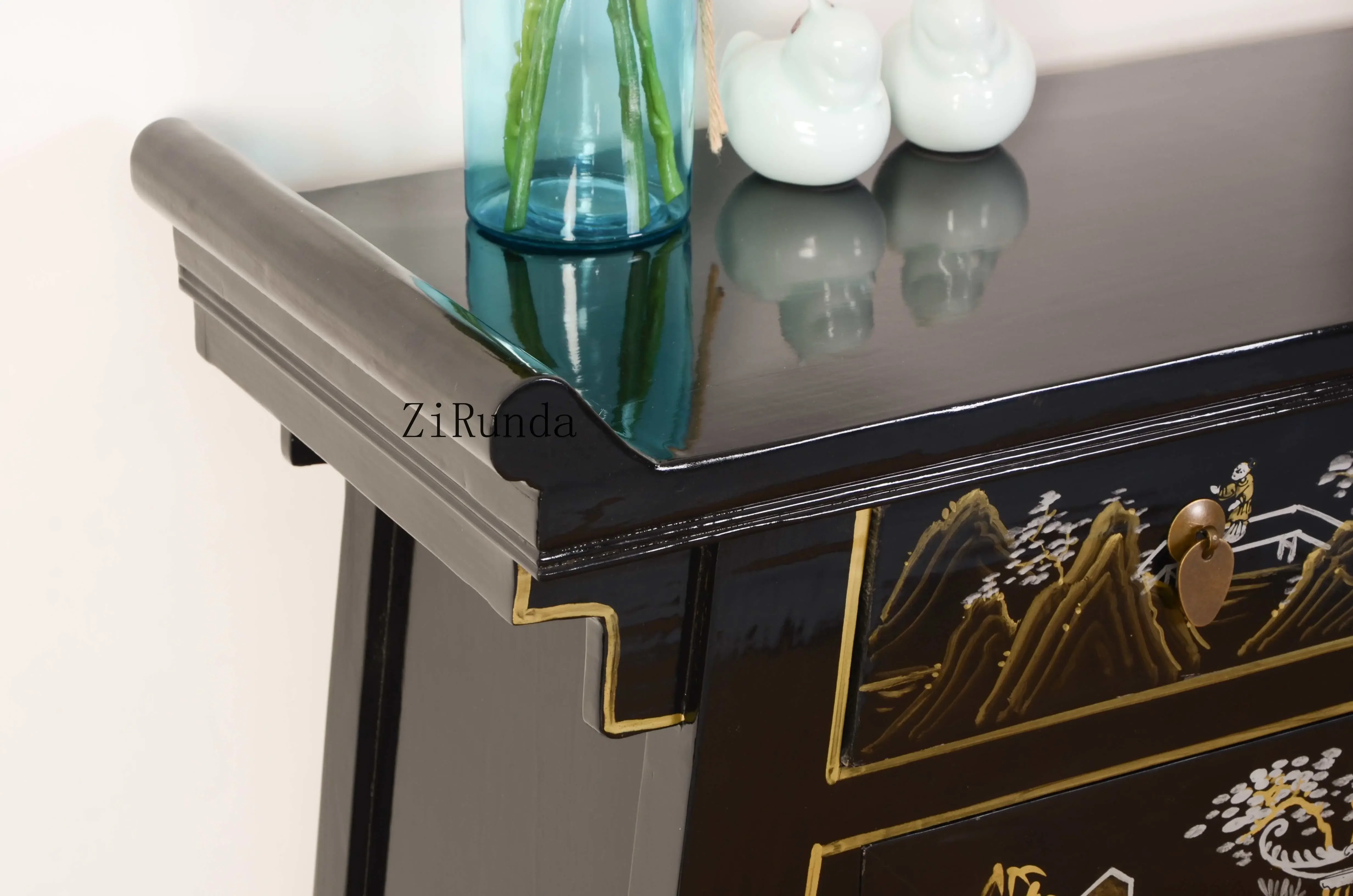 

Антикварный черный комод фэн-шуй, шкаф для входного канала с золотыми воротами и башней, счастливый узор