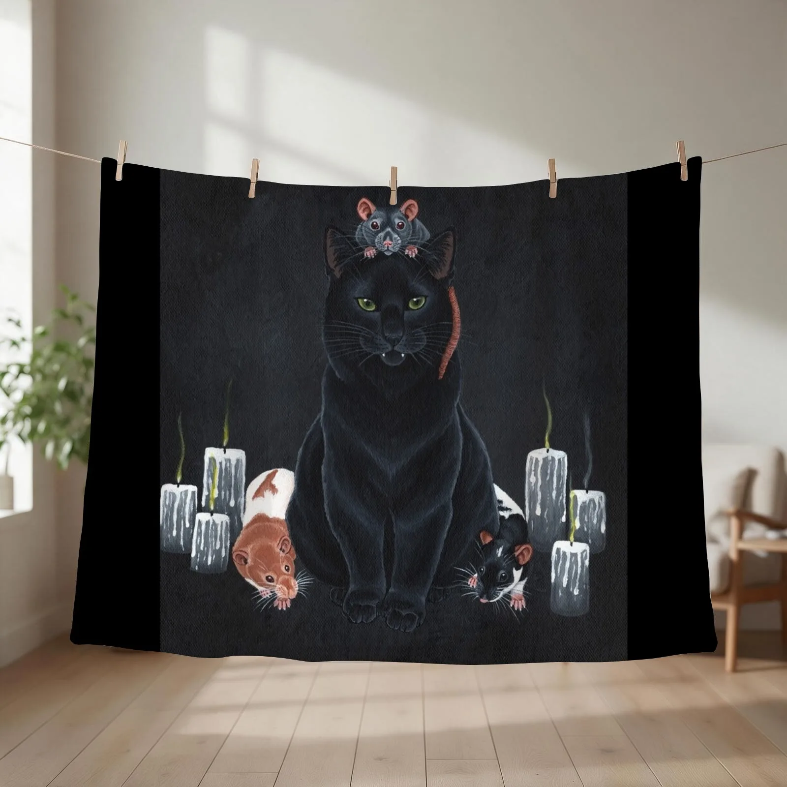 Black Cat and Fancy Rats Throw Blanket couch cozy soft plush fuzzy picnic outdoor blanket