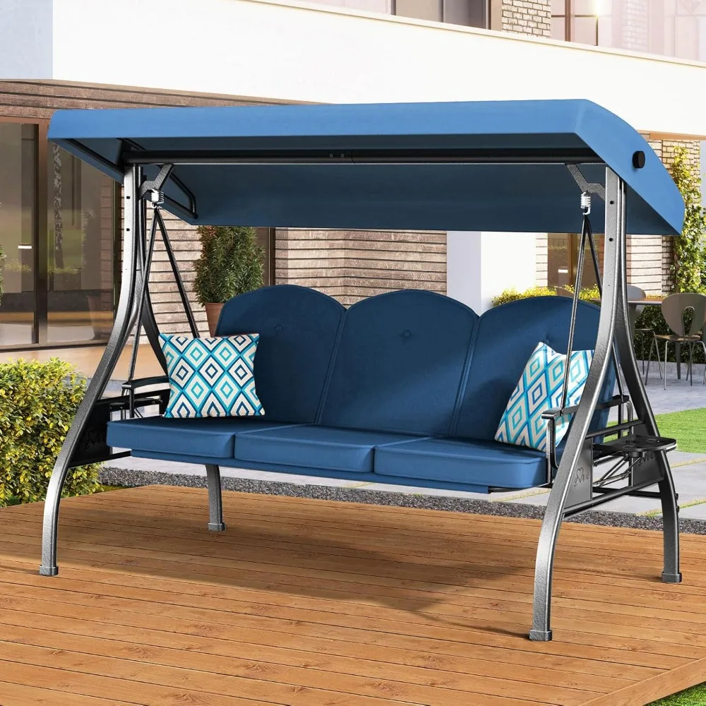 3 Seat Outdoor Porch Patio Swing, 2-in-1 Swing Chair with Adjustable Canopy & Removable Cushion, Outdoor Adult Swing with Stand