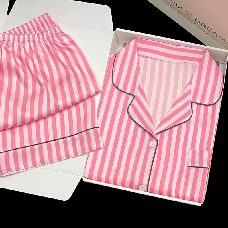 

American-Style New Arrival Short-Sleeved Pyjamas Fashionable Lightweight Lapel-Collar Premium-Feel Striped Loungewear Set