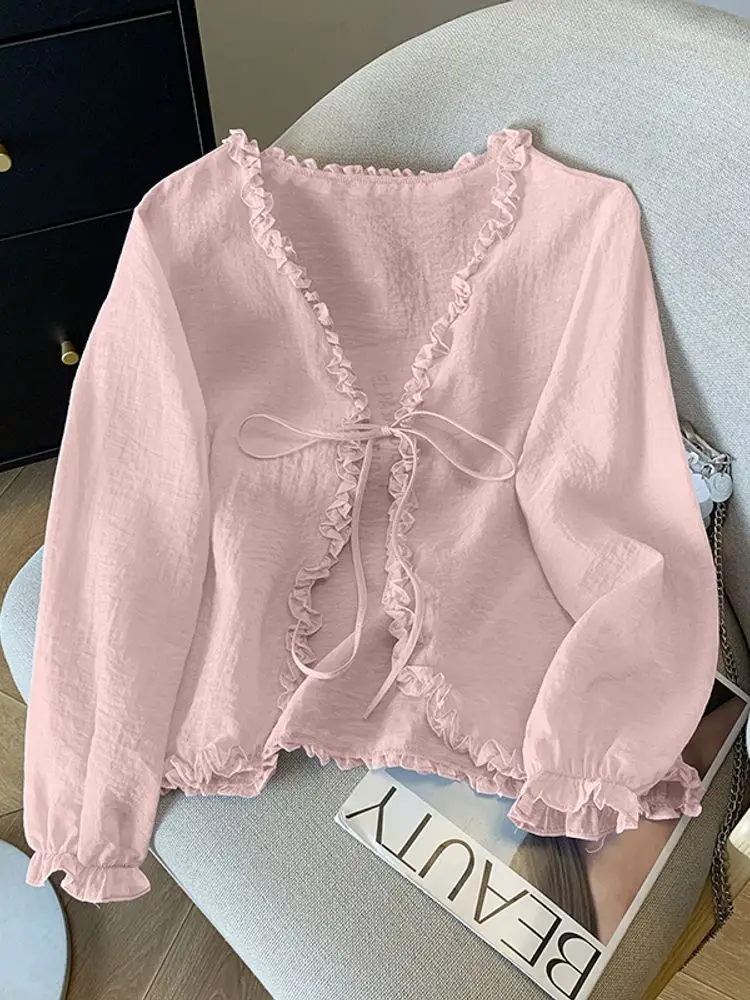 Solid Sweet Tops Women Cardigans Autumn Thin Shirts 2025 VONDA Fashion Long Sleeve Bandage Casual Ruffled Open Stitch Kinomo