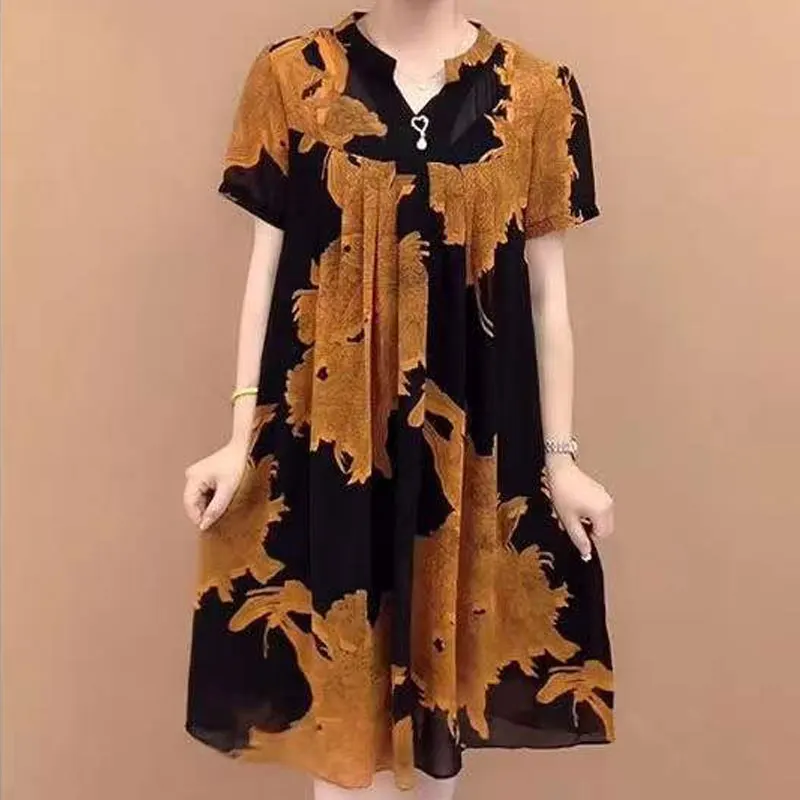 

Casual V-Neck Loose Dresses Vintage Printed Female Clothing Fashion Pleated Spliced Summer Thin Short Sleeve Commute Midi Dress