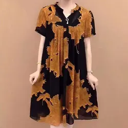 Casual V-Neck Loose Dresses Vintage Printed Female Clothing Fashion Pleated Spliced Summer Thin Short Sleeve Commute Midi Dress