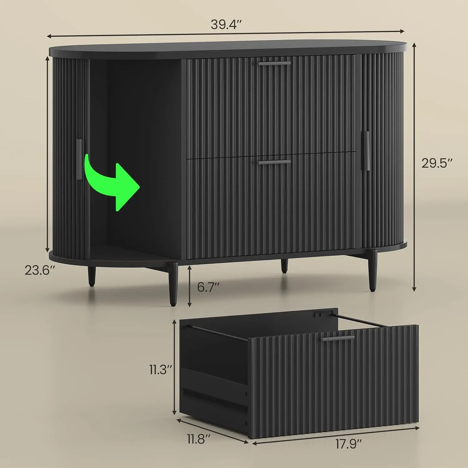 Fluted 2 Drawer File Cabinet with Sliding Door for Home Office, Customized