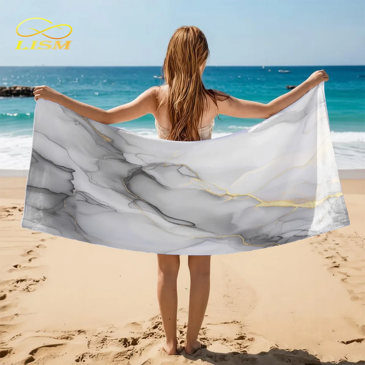 1pc Grey and Gold Marble Towel-Oversized, Absorbent Microfiber, Quick Dry, Ideal for Travel, Swimming, Surfing Bath Towel