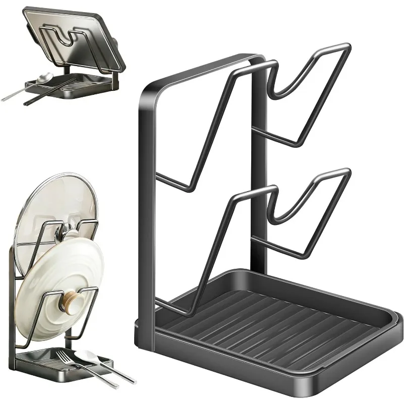 

Pot Lid Storage Rack, Stainless Steel Pot Lid Holder While Cooking for Countertop Multifunctional Pots Lids Organizer Rack with