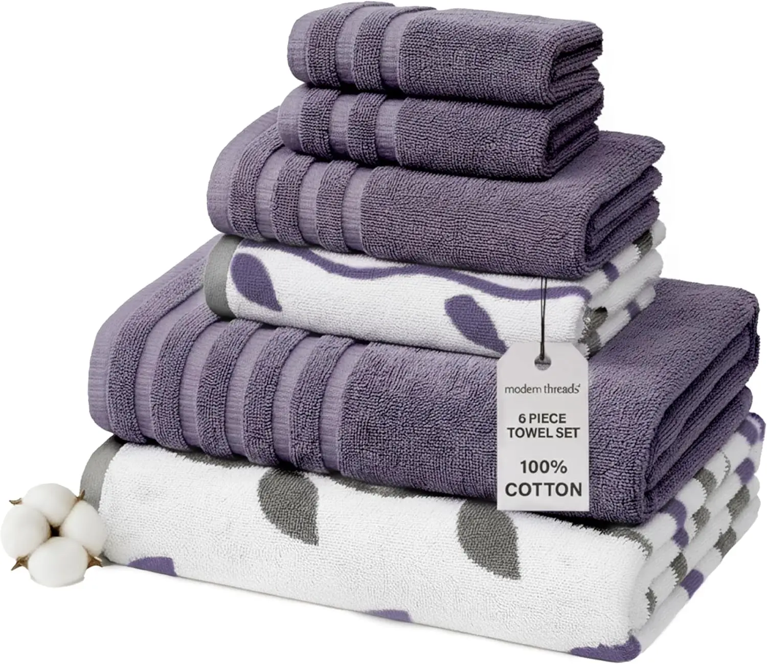 6-Piece Cotton Towel Set with Organic Vines Design, 100% Cotton, Quick Dry & Soft - Lavender