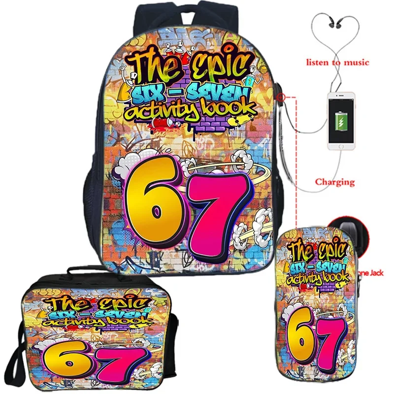 

67 Six Seven Italian Brain Cartoon USB Charging Backpacks Lunch Bag Pencial Case 3pcs 67 Six Seven Nember DIY Fun Game Backpack