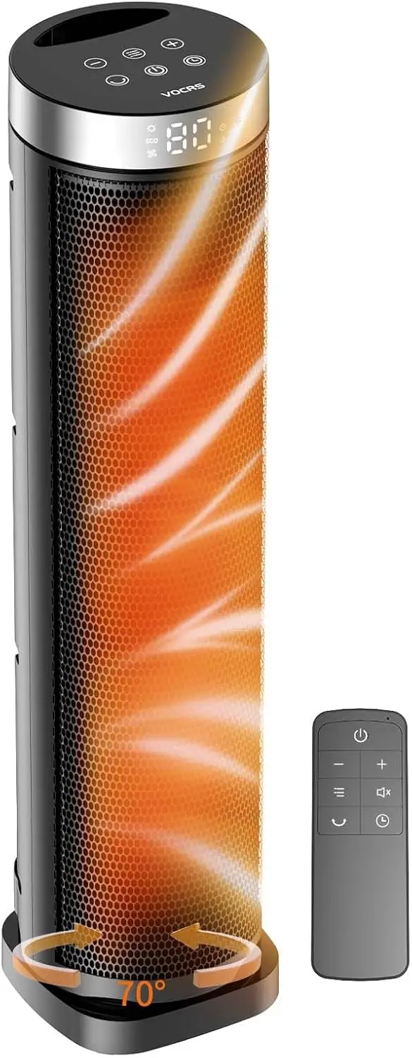 

70° Oscillating Tower Heater with Remote, 1500W Quiet PTC Ceramic Heating, Thermostat & Timer for Home Office