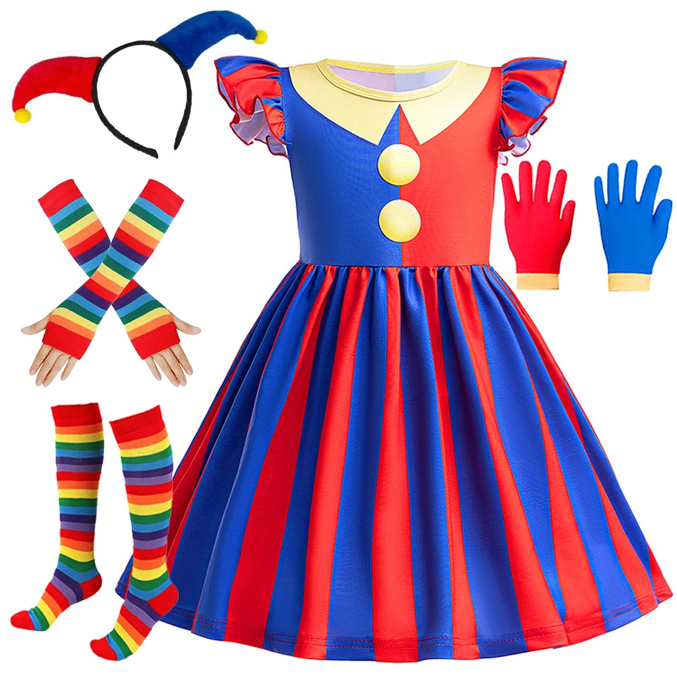 Amazing Circus Cosplay Pomni Frock Costume Girl Clown Stage Performance Clothes Kid Carnival Halloween Party Dress Birthday Gift