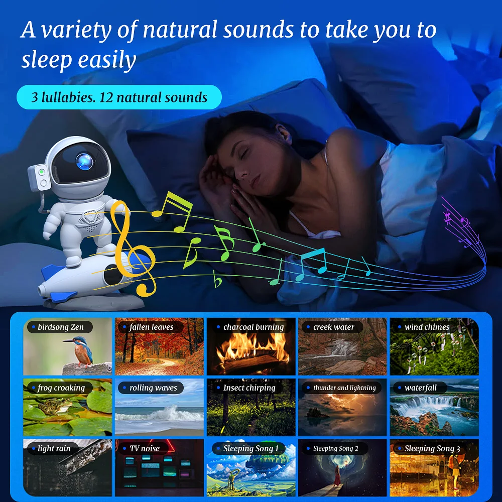 Rocket Nebula Music Astronaut Galaxy Star Projector Night Light, 360° Rotating Starry Lamp with Remote + APP, 8 Colors for Kids