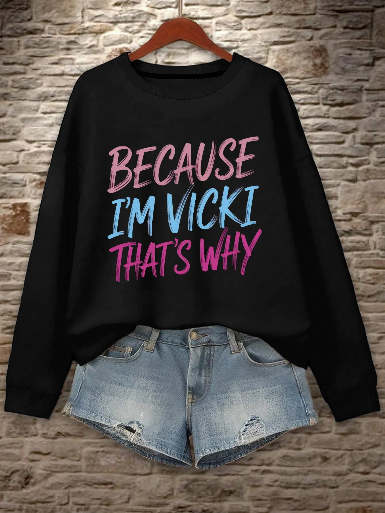 Because I'm Vicki That's Why Women's Plus Size Sweatshirt - Black Oversized Casual Pullover with Bold Pink & Blue Lettering