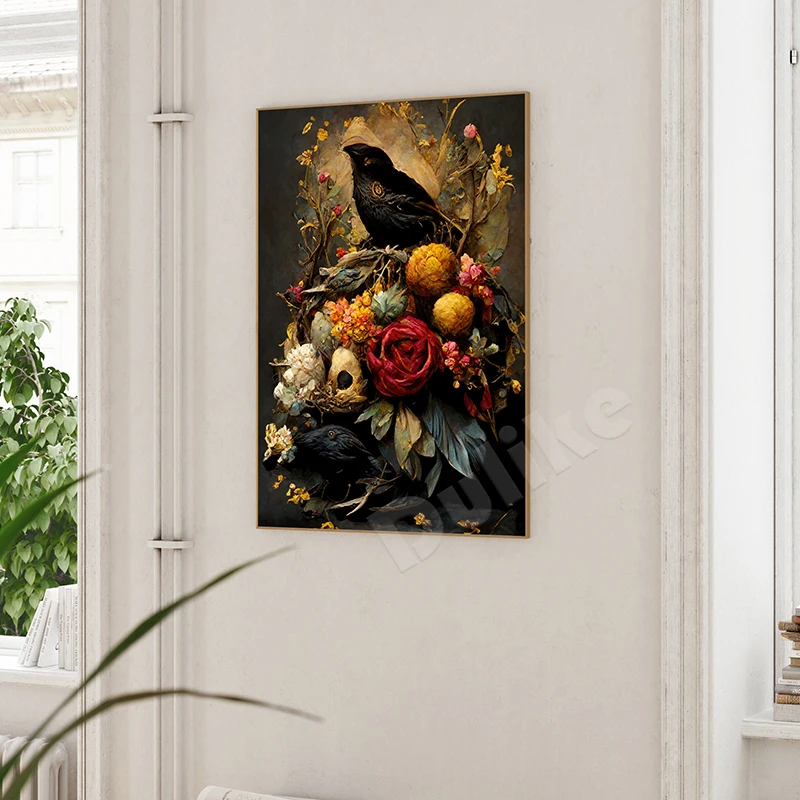 قصيدة الغراب المشارك إدغار آلان بو مخطوطة صفحة يطبع القوطية الرسم على لوحات القماش الجدارية المنزل خمر الأزهار الغراب الداكن ديكور #5