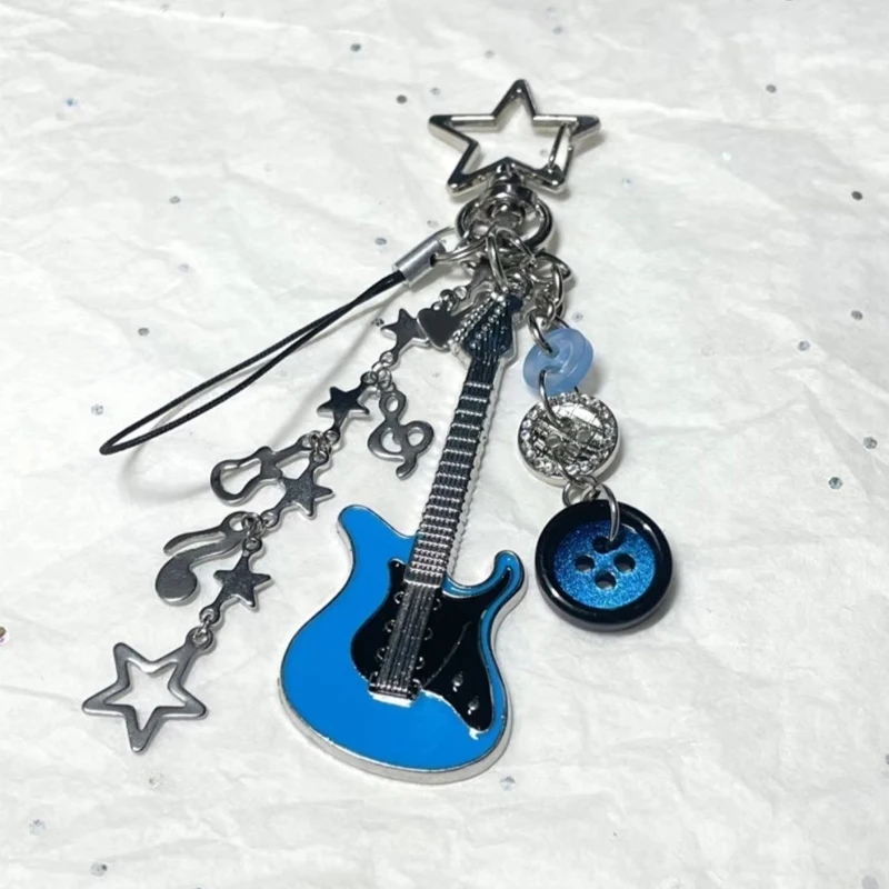 Punk Jewelry Star Chain Rivet Guitar Keychain Gothic Fashion Button Star Note Keychain Bag Pendant Accessories Korean Fashion