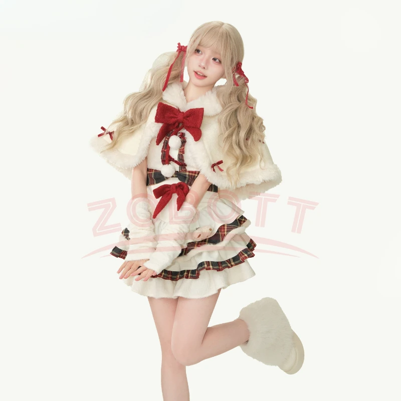 

Winter Christmas Dopamine Girls Winter New Year's Kawaii Robe Hairy Lolita Cape Sweet Bow Plaid Patchwork Cake Dress 3-Piece Set