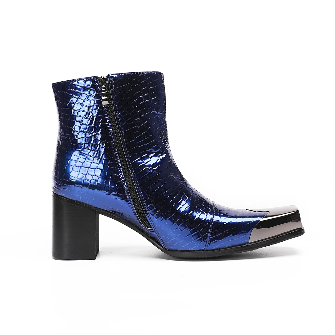 Snake Pattern Metallic Blue Men's Boots Patent Leather Metal Square Toe Block High Heels Side Zip Chelsea Boots Party Shoes