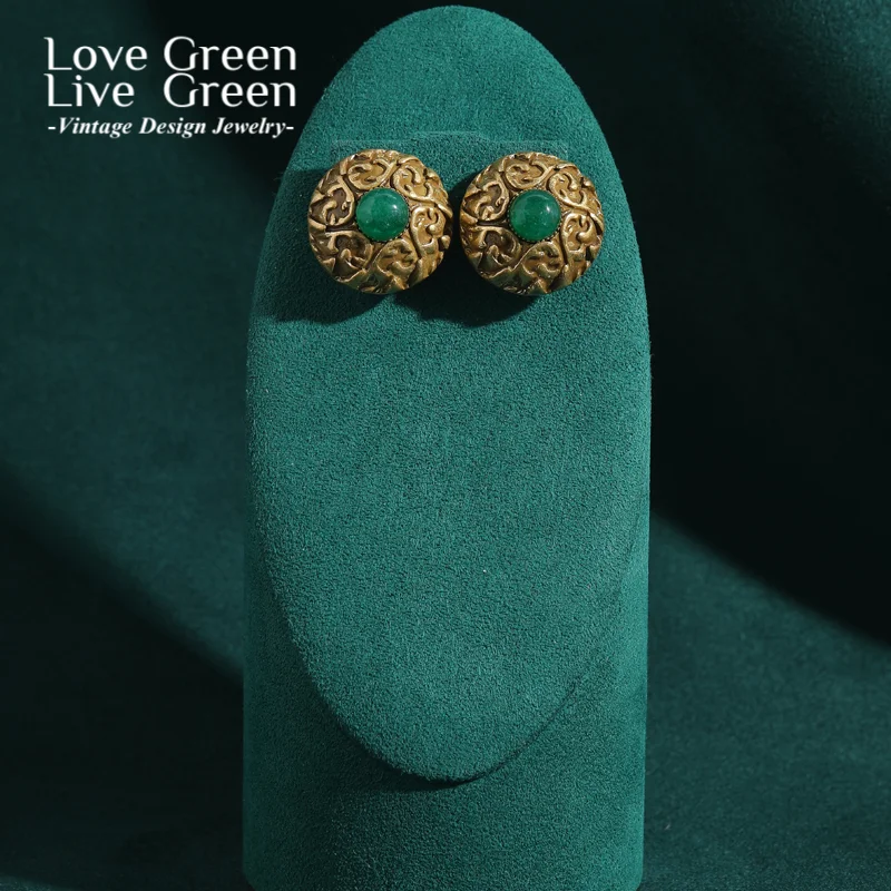 Vintage Round Green Glaze Earrings Woman Pattern Retro Antique Gold Color Luxury Quality Designer Gift Wedding New 2026