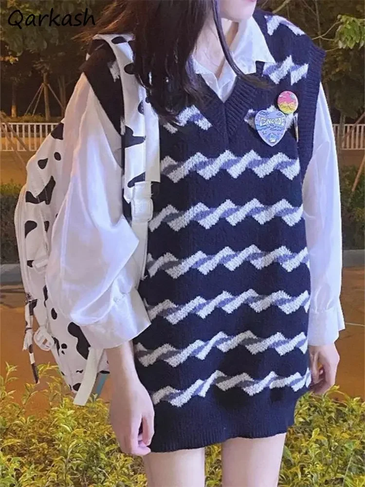 

Striped Panelled Sweater Vests Women Preppy Korean Style Casual Knitwear Students All-match Harajuku Stylish Elegant Fashion New