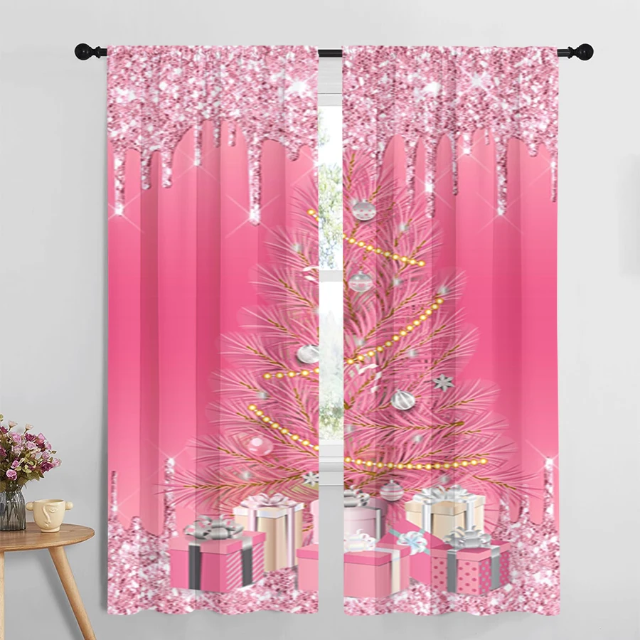2PCS Christmas Digital Print Curtains, Pink Xmas Tree Gift Boxes Pink BG Pastel, Cute for Living Room Bedroom Window Decor