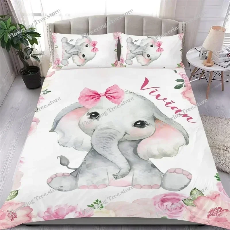 Lovely Baby Elephant Flowers Duvet Cover Set Cute Cartoon Animals Bedding Set Giraffe Quilt Cover Twin Full For Girls Boys Gift