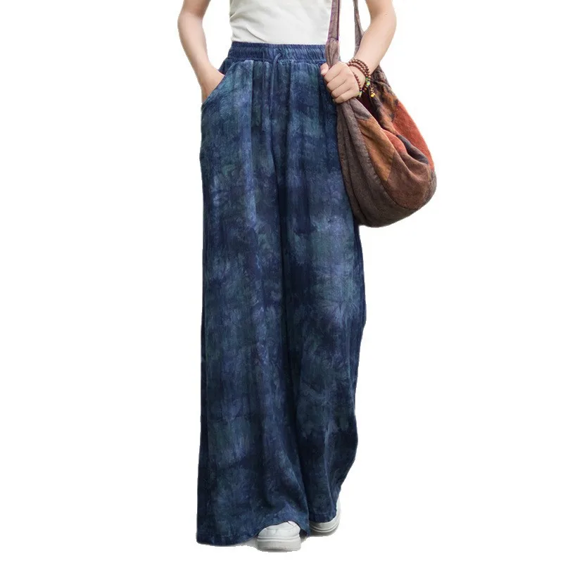 Autumn Cotton Linen Women's Pants Original Plaid Print Loose Wide-Leg Trousers