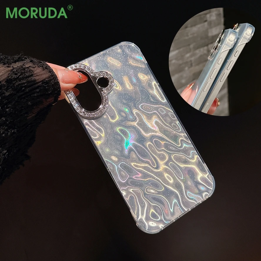 3D Laser Water Ripple Frameless Case For iPhone 16 ProMax 15 14 Plus 11 12 13 Pro Max Slim Heat Dissipation Diamond Lens Cover