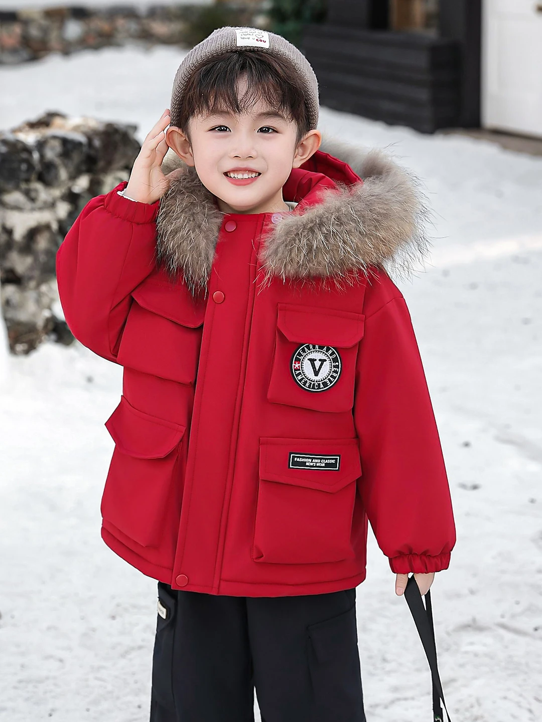 

Зимняя куртка для мальчиков из утепленного хлопка с меховым воротником и вышитым логотипом, теплая, для Нового года