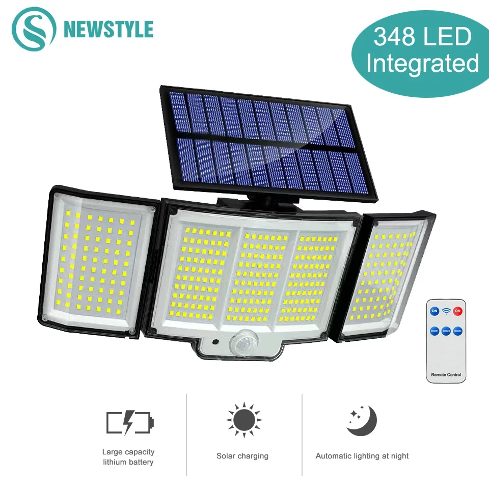 

Solar Light Outdoor 348 LED Integrated Super Bright Motion Sensor Strong Power IP65 Waterproof 3 Working Modes Garden Wall