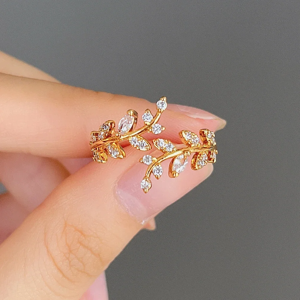 Fancy Leaf Design Adjustable Ring for Women | Sparkling Cubic Zirconia Olive Ring | Daily & Party Wear Fashion Jewelry