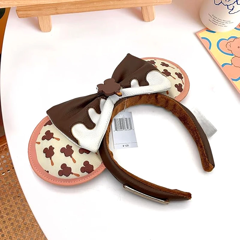 Headband Es Krim Mickey Bermerek Disney Co untuk Dewasa/Anak-anak Disneyland, Kulit PU Cokelat dengan Pita di Telinga, Hadiah Natal untuk Wanita